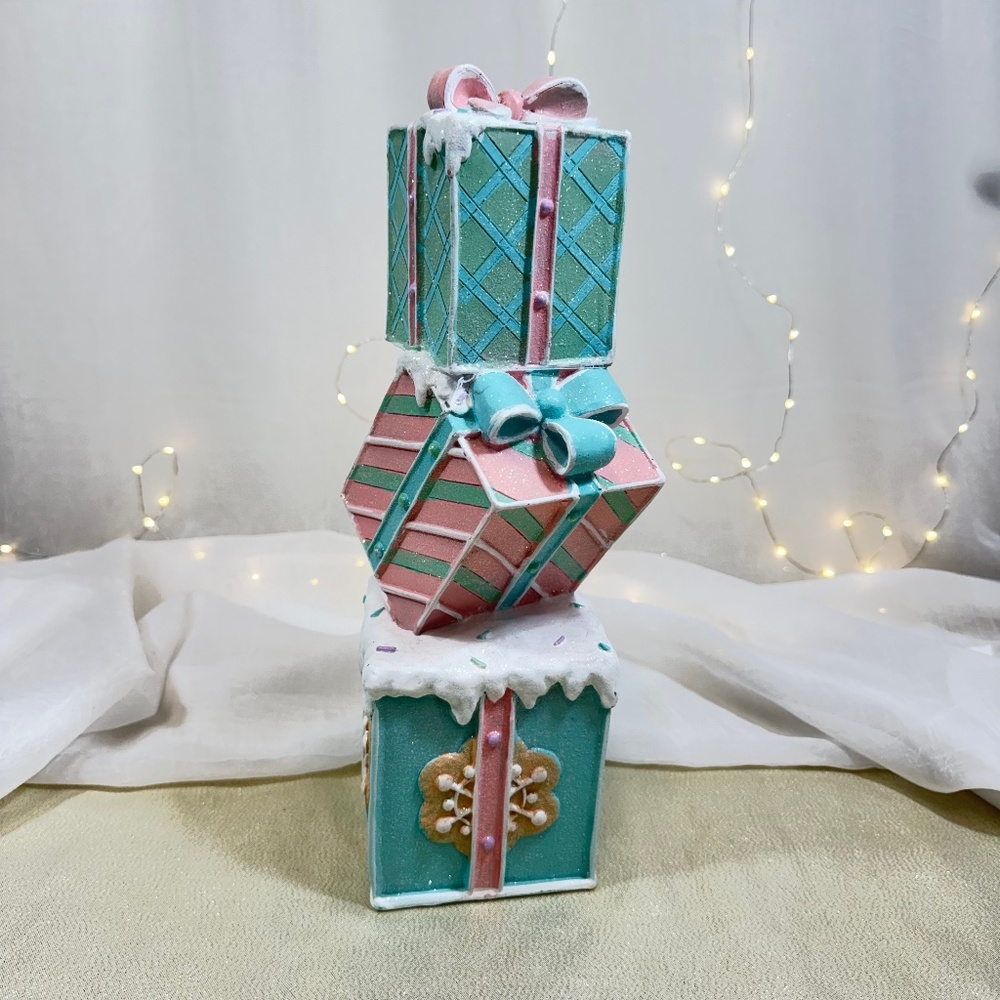 14" Christmas Holiday Pastel Stacked Gingerbread Gift Box Decor
